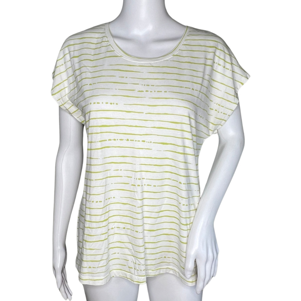 Chicos Shirt Size Medium 1 Green Striped Dolman Sleeve Classic Essential Casual
